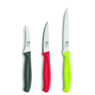 Zestaw 3 noży kuchennych. (obierak szary, obierak czerwony,uniwersalny) HOUSEHOLD KNIVES